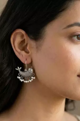 Oxidized Silver Fish Earrings: Indian Artisan Brass Dangles