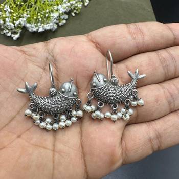Oxidized Silver Fish Earrings: Indian Artisan Brass Dangles 2