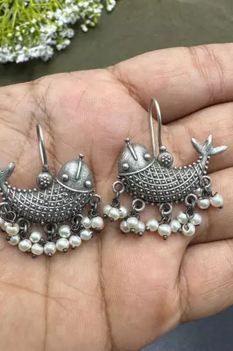 Oxidized Silver Fish Earrings: Indian Artisan Brass Dangles