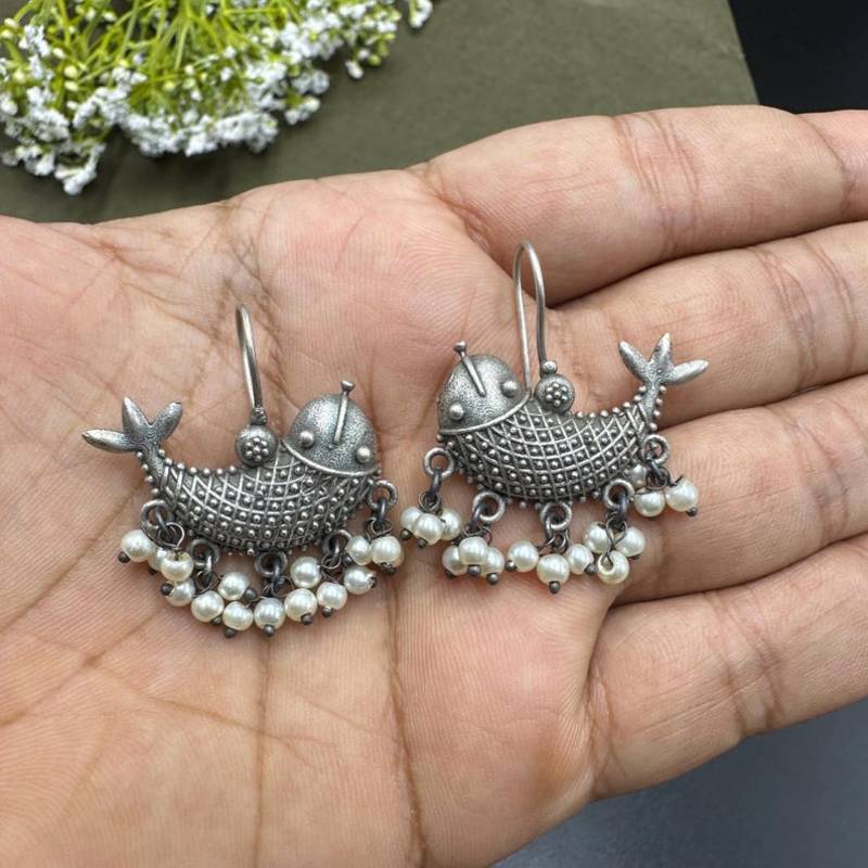 Oxidized Silver Fish Earrings: Indian Artisan Brass Dangles