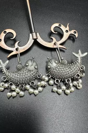 Oxidized Silver Fish Earrings: Indian Artisan Brass Dangles