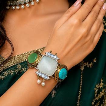 Multicolor Stone Hand cuff Statement Bracelet, Oxidized Silver Brass Cuff Bangle 1