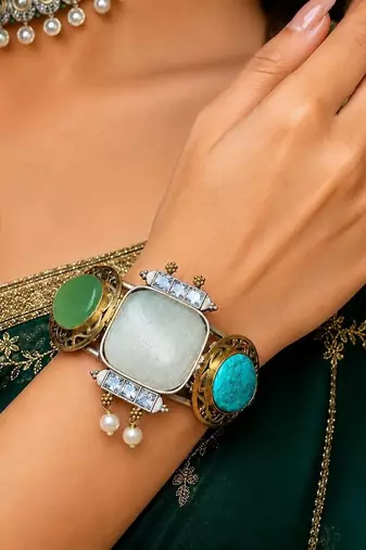 Multicolor Stone Hand cuff Statement Bracelet, Oxidized Silver Brass Cuff Bangle