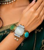 Multicolor Stone Hand cuff Statement Bracelet, Oxidized Silver Brass Cuff Bangle