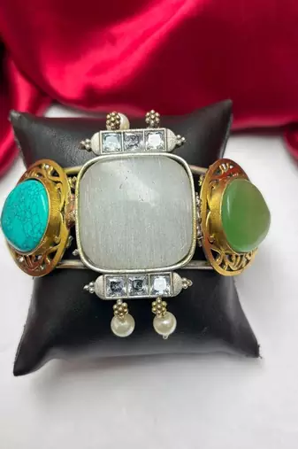Multicolor Stone Hand cuff Statement Bracelet, Oxidized Silver Brass Cuff Bangle