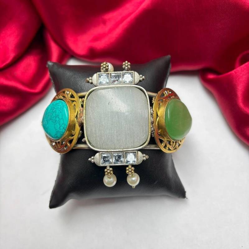 Multicolor Stone Hand cuff Statement Bracelet, Oxidized Silver Brass Cuff Bangle
