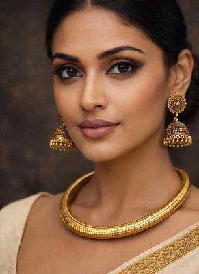 Indian Gold Tribal Torque Necklace with Jhumka - Round Brass Statement Hasli 1