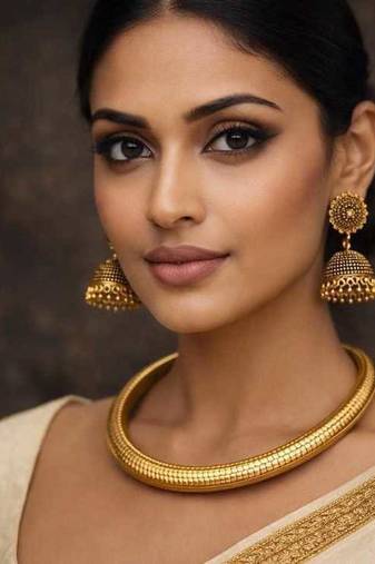 Indian Gold Tribal Torque Necklace with Jhumka - Round Brass Statement Hasli