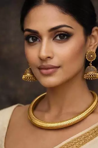 Indian Gold Tribal Torque Necklace with Jhumka - Round Brass Statement Hasli