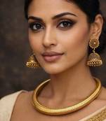Indian Gold Tribal Torque Necklace with Jhumka - Round Brass Statement Hasli