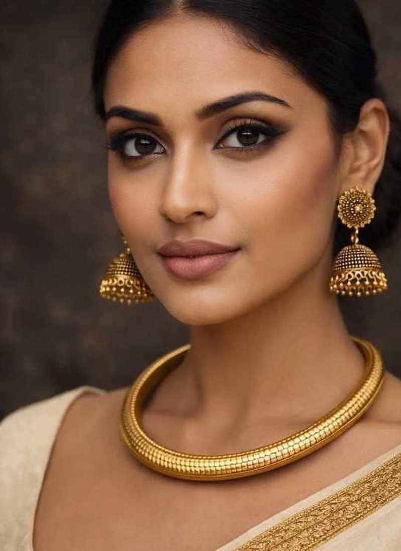 Indian Gold Tribal Torque Necklace with Jhumka - Round Brass Statement Hasli