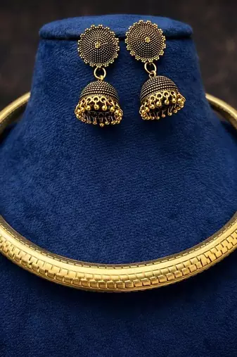 Indian Gold Tribal Torque Necklace with Jhumka - Round Brass Statement Hasli