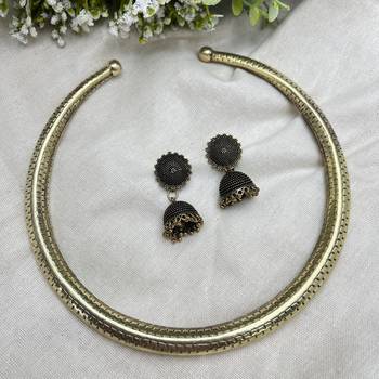 Indian Gold Tribal Torque Necklace with Jhumka - Round Brass Statement Hasli 3