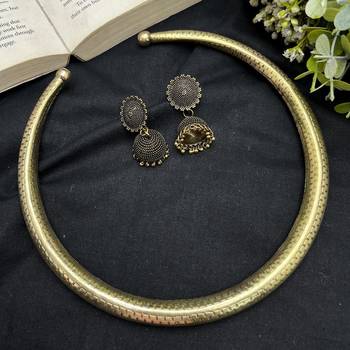 Indian Gold Tribal Torque Necklace with Jhumka - Round Brass Statement Hasli 4