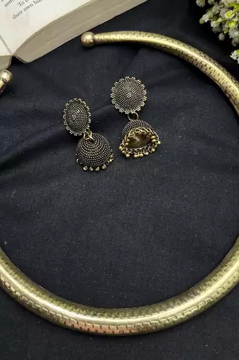Indian Gold Tribal Torque Necklace with Jhumka - Round Brass Statement Hasli