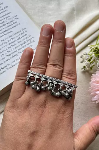 Oxidized Silver Ghungroo Bell Ring: Adjustable Boho Indian Jewelry