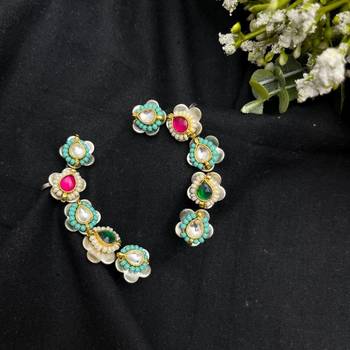 Floral Kundan Ear Cuff | Turquoise Ear Climber | Indian Boho Ear Crawler 2
