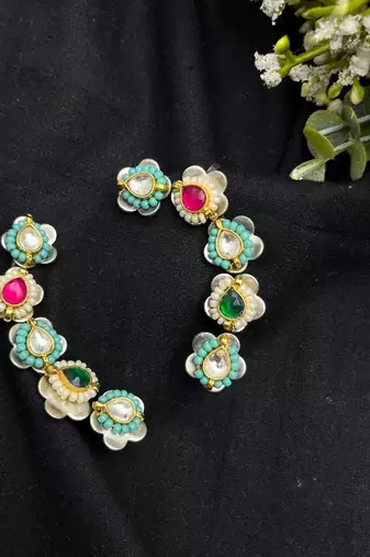 Floral Kundan Ear Cuff | Turquoise Ear Climber | Indian Boho Ear Crawler