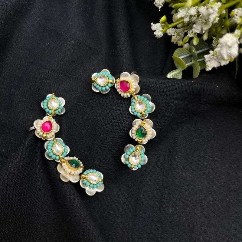 Floral Kundan Ear Cuff | Turquoise Ear Climber | Indian Boho Ear Crawler