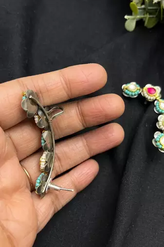 Floral Kundan Ear Cuff | Turquoise Ear Climber | Indian Boho Ear Crawler
