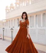 Rust embroidered georgette fully stitched flared anarkali gown