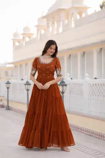 Rust embroidered georgette fully stitched flared anarkali gown