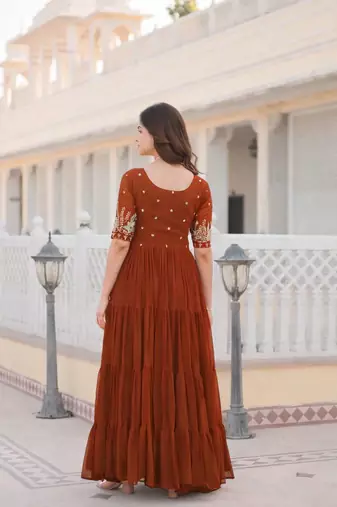 Rust embroidered georgette fully stitched flared anarkali gown