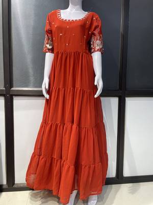 Rust embroidered georgette fully stitched flared anarkali gown 4