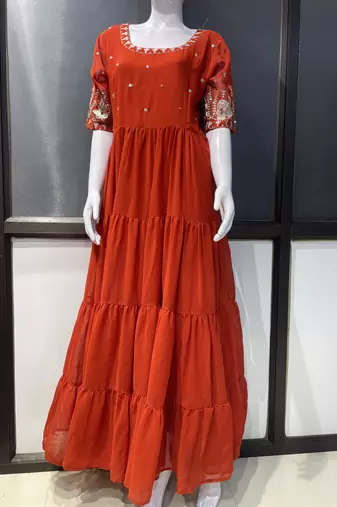 Rust embroidered georgette fully stitched flared anarkali gown