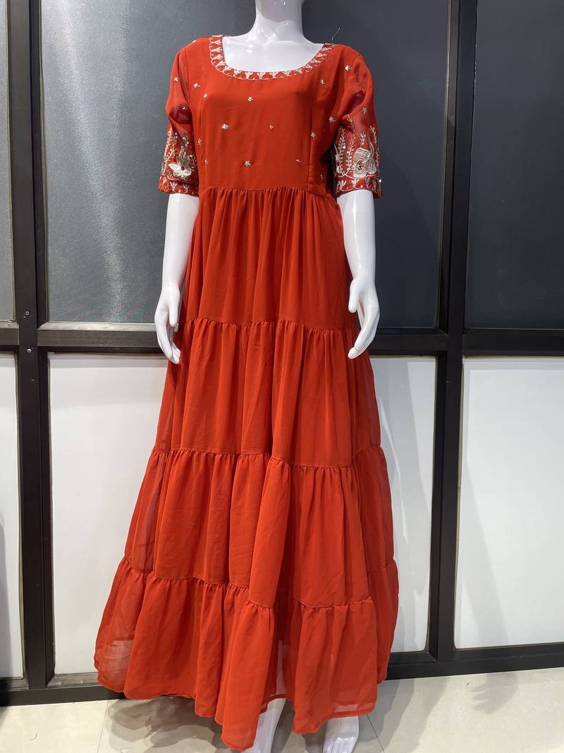 Rust embroidered georgette fully stitched flared anarkali gown