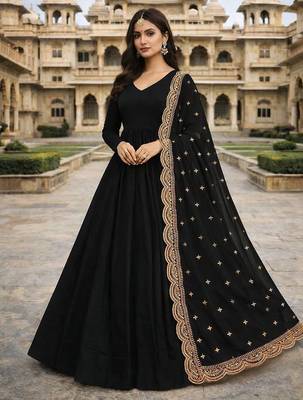 Black georgette stitched anarkali gown with zari embroidered dupatta ethnic wear 1