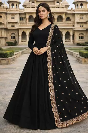 Black georgette stitched anarkali gown with zari embroidered dupatta ethnic wear