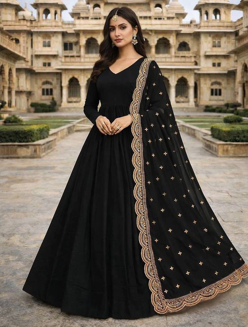 Black georgette stitched anarkali gown with zari embroidered dupatta ethnic wear