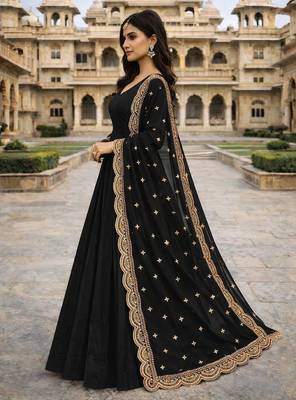 Black georgette stitched anarkali gown with zari embroidered dupatta ethnic wear 2