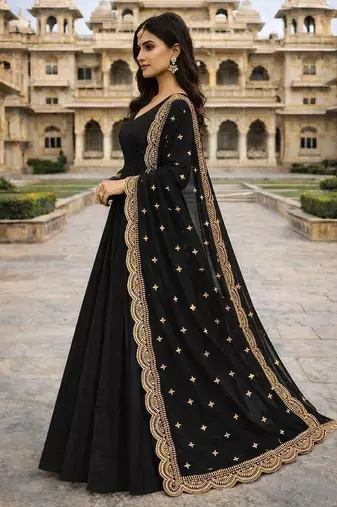 Black georgette stitched anarkali gown with zari embroidered dupatta ethnic wear