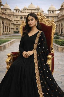 Black georgette stitched anarkali gown with zari embroidered dupatta ethnic wear 3