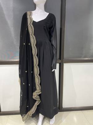 Black georgette stitched anarkali gown with zari embroidered dupatta ethnic wear 4