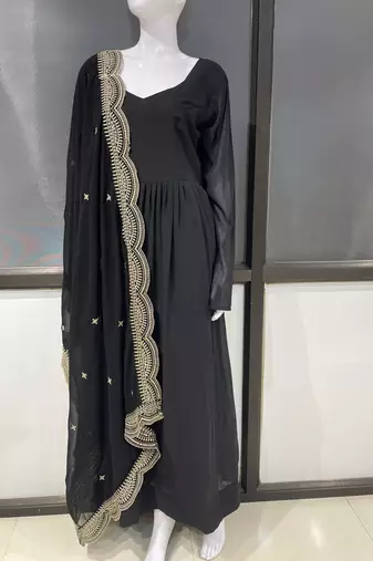 Black georgette stitched anarkali gown with zari embroidered dupatta ethnic wear