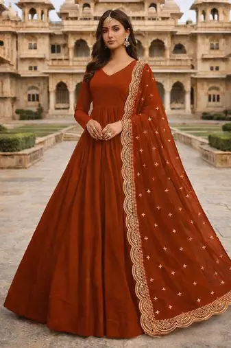 Orange georgette stitched anarkali gown with zari embroidered dupatta ethnic wear