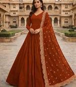 Orange georgette stitched anarkali gown with zari embroidered dupatta ethnic wear