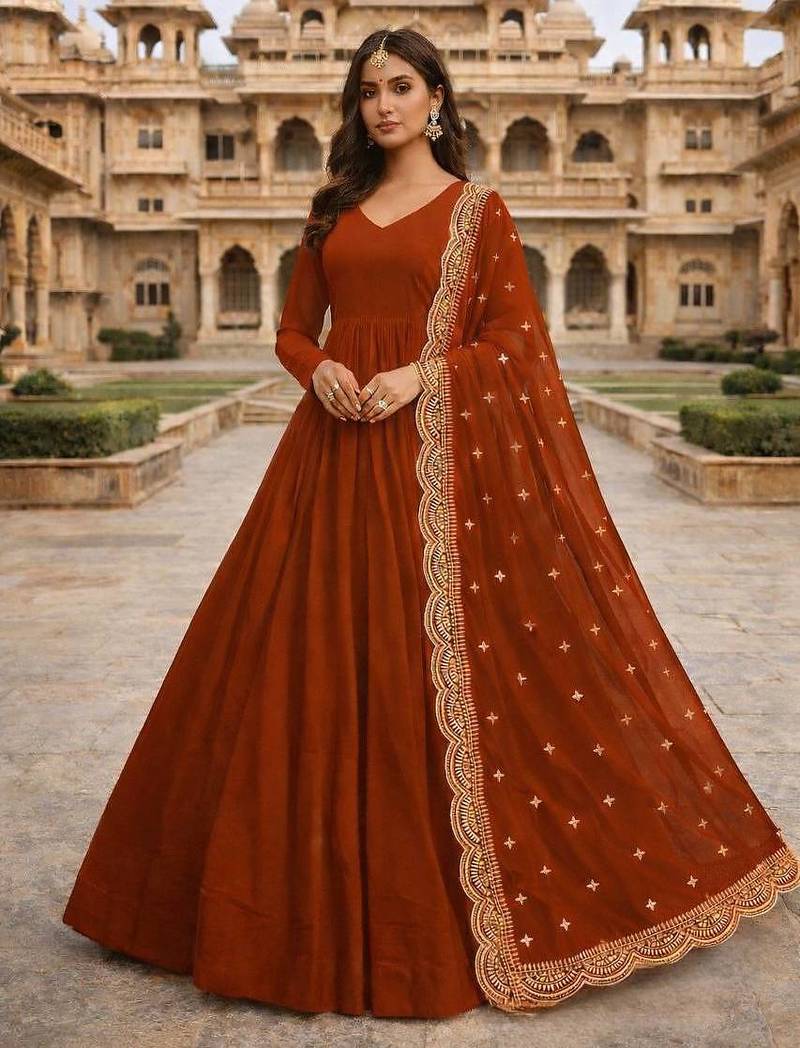 Orange georgette stitched anarkali gown with zari embroidered dupatta ethnic wear