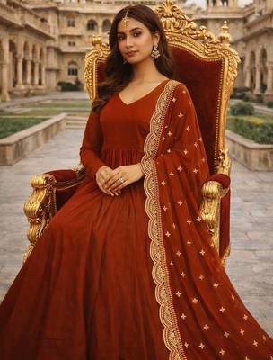 Orange georgette stitched anarkali gown with zari embroidered dupatta ethnic wear 2
