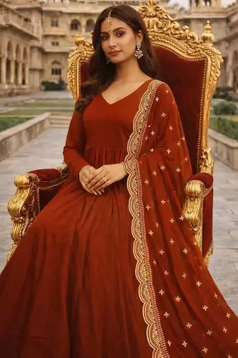 Orange georgette stitched anarkali gown with zari embroidered dupatta ethnic wear