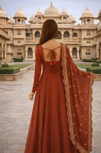 Orange georgette stitched anarkali gown with zari embroidered dupatta ethnic wear