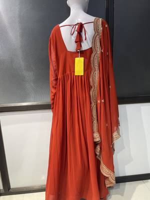 Orange georgette stitched anarkali gown with zari embroidered dupatta ethnic wear 4