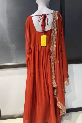 Orange georgette stitched anarkali gown with zari embroidered dupatta ethnic wear
