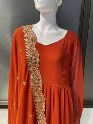Orange georgette stitched anarkali gown with zari embroidered dupatta ethnic wear 5