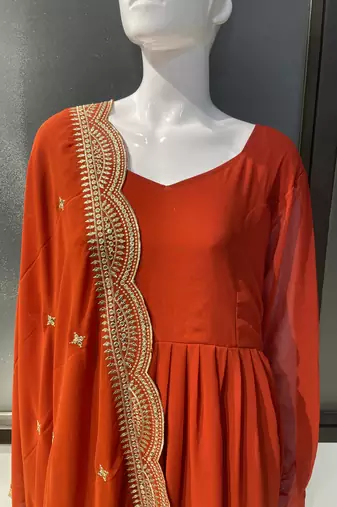 Orange georgette stitched anarkali gown with zari embroidered dupatta ethnic wear