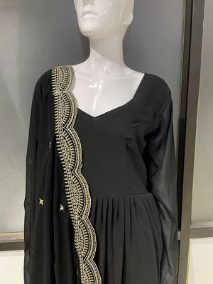 Black georgette stitched anarkali gown with zari embroidered dupatta ethnic wear 5