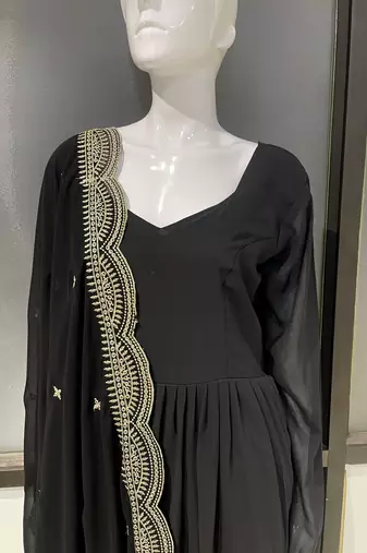 Black georgette stitched anarkali gown with zari embroidered dupatta ethnic wear